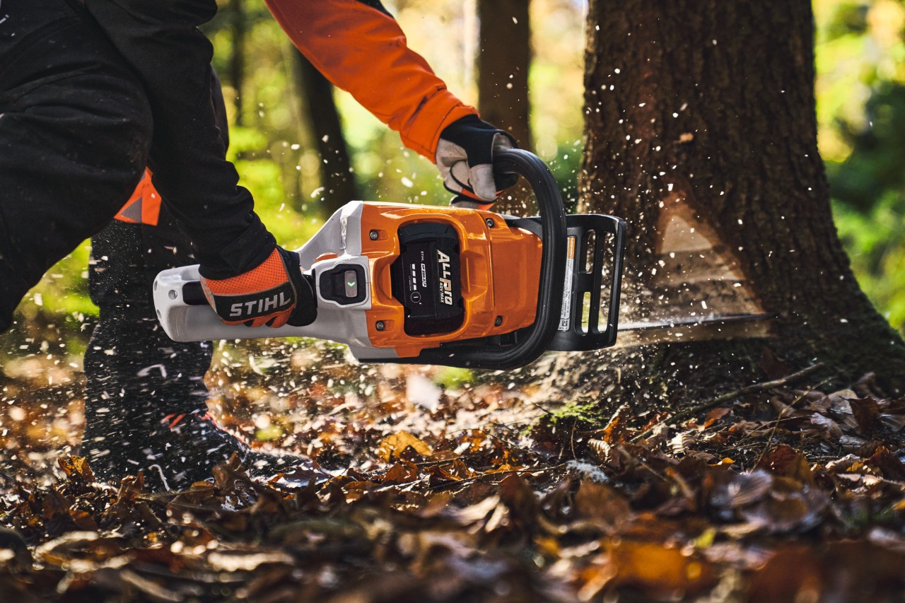 En professionell användare sågar ner träd i skogen med den sladdlösa motorsågen STIHL MSA 260.