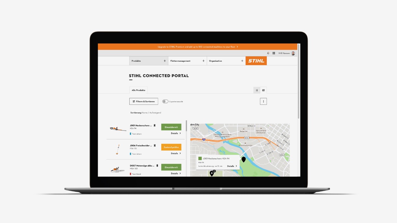 Produktöversikt STIHL connected-portalen inklusive karta