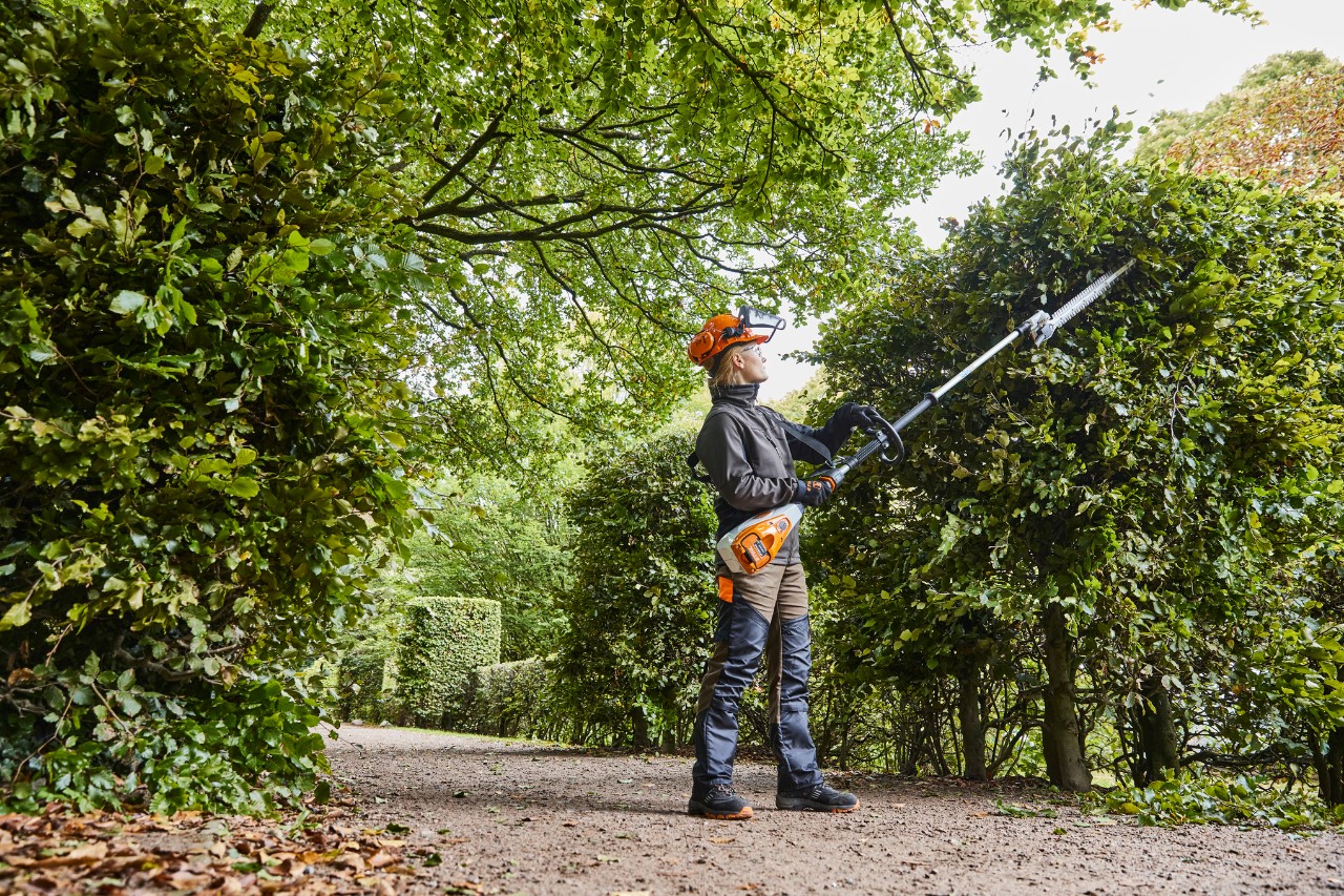 Trädgårds- och anläggningsarbetare som beskär en häck med STIHL HLA 135 batteridriven häcksax.