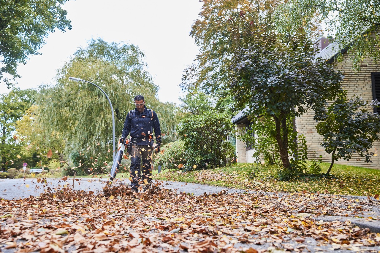 En trädgårdsmästare och en landskapsarkitekt som tar bort löv från en väg med en STIHL BGA 200 batteridriven lövblås.