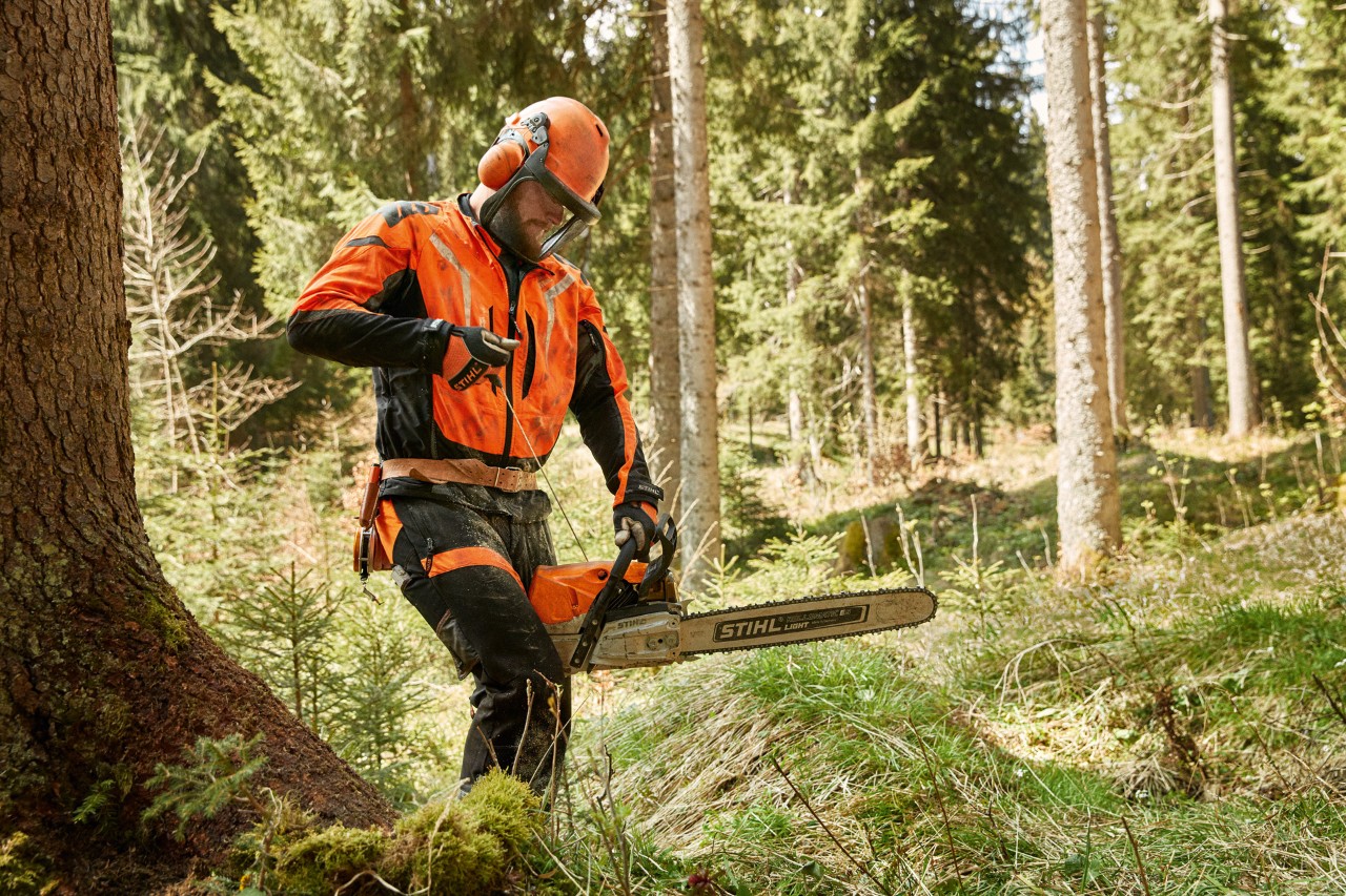 Skogsarbetare med skyddsutrustning är på väg att starta en STIHL MS 462 C bensindriven motorsåg i barrskog